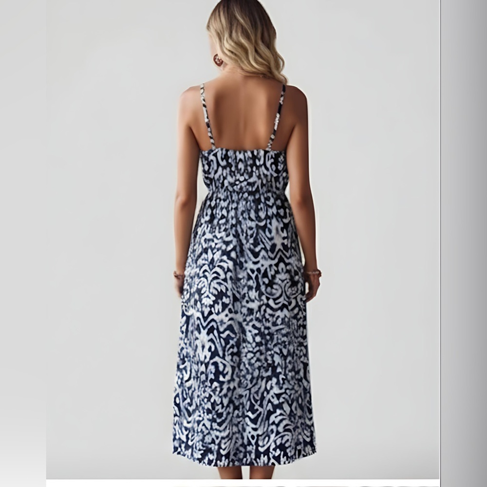 Printed Twisted Design Split Thigh Cami Dress Blue - Picture 3 of 4